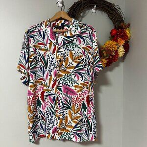 Vacancy Co Mens Totally Tropical Rayon Shirt Size LARGE White Pink Blue Leaf